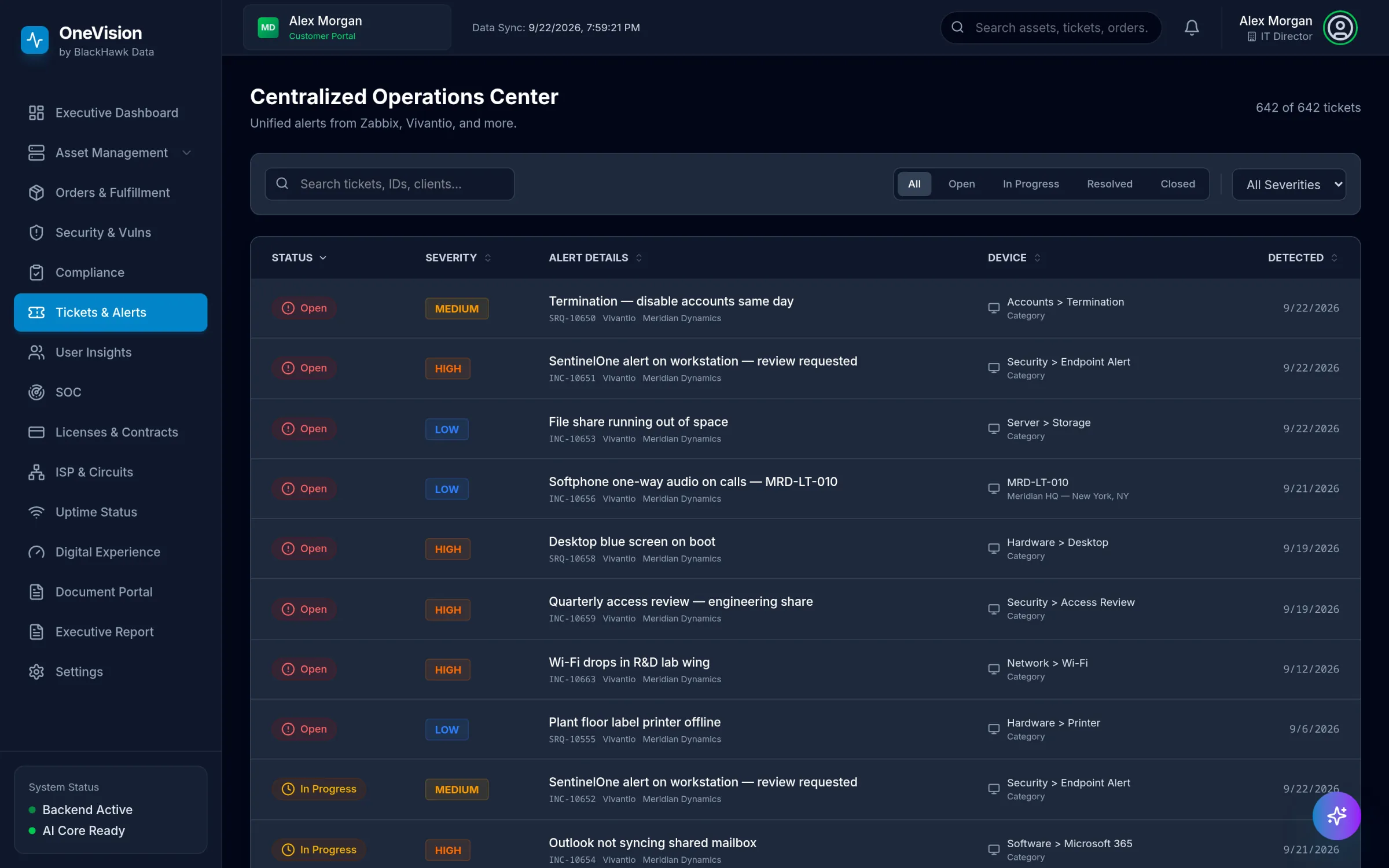 Operations Center ticket list with status, severity, alert details, device and detection date, filterable by status and severity.