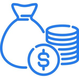 finance icon of a money bag, stack of coins and a coin with a dollar sign