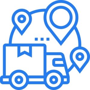 logistics Icon of a delivery truck with location pins and a dotted route path, representing logistics or shipment tracking.