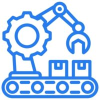 manufacturingdistwarehouse Factory automation with robotic arm placing boxes on a conveyor belt beside a large gear representing manufacturing.