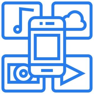 mediaentertainment Blue digital media icon showing a smartphone connected to music, cloud, video, and camera symbols