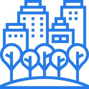 municipalities Urban skyline with high-rise buildings and trees in the foreground, representing a cityscape or green city concept.